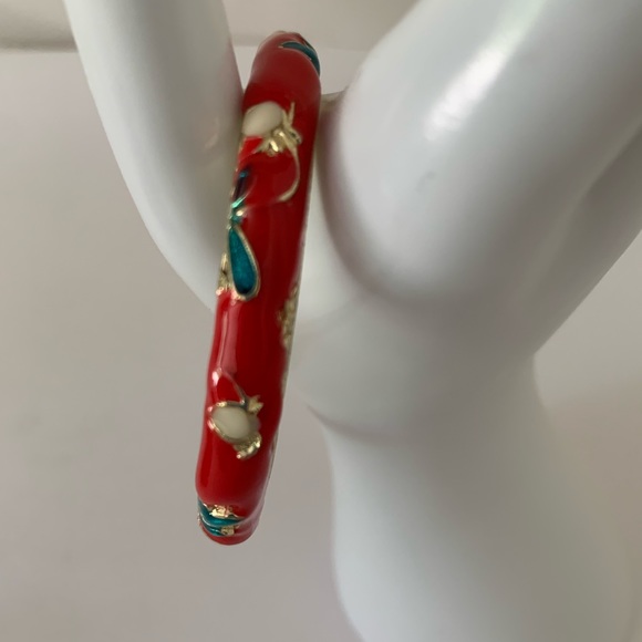 Vintage Jewelry - Red Etched Gold Exquisite Butterflies and Flowers Enamel Wrist Bracelet